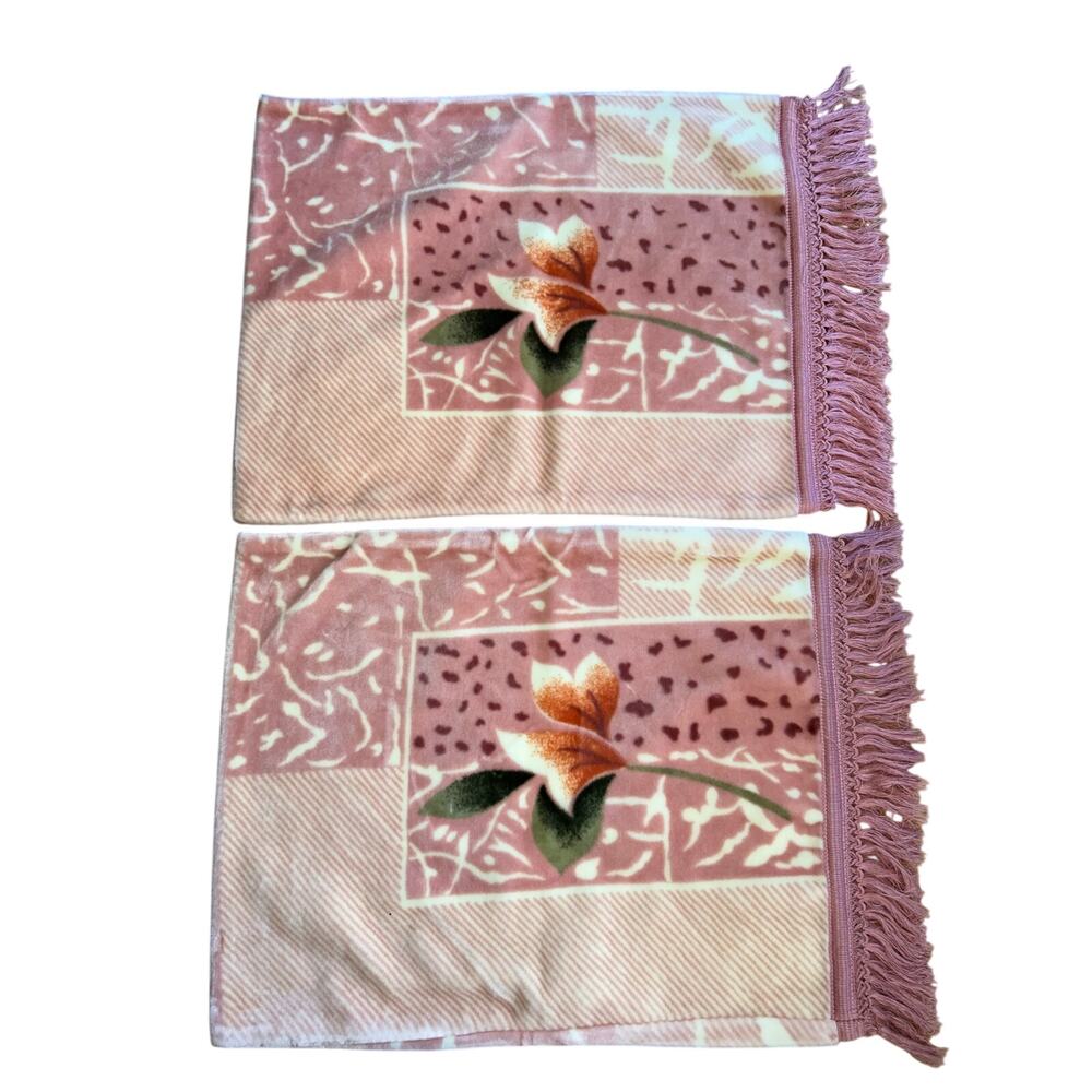 2 Vintage Korean minky blanket pillow shams fringe pink roses